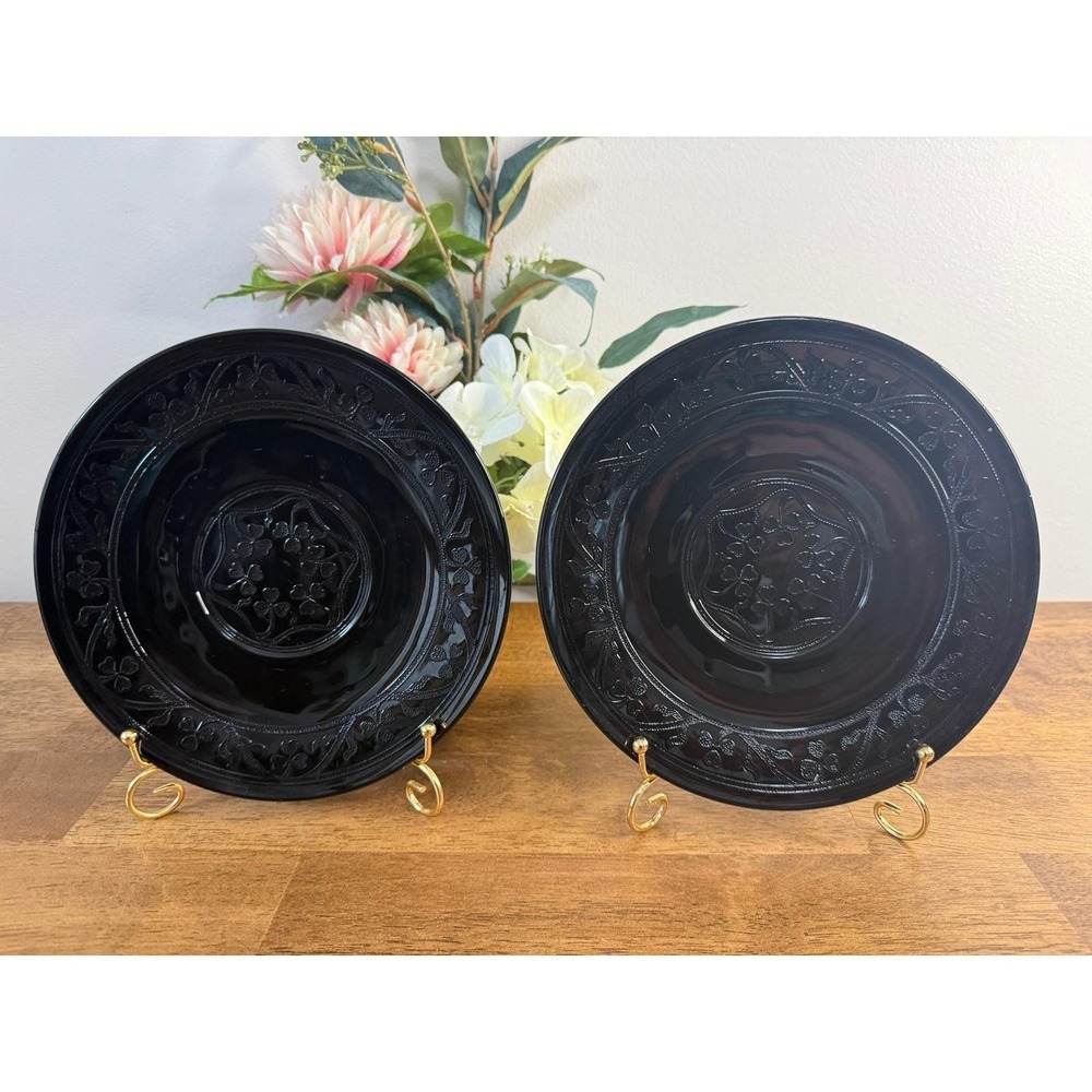 Vintage Black Amethyst Glass Clover Floral Plates Pair Depression Era